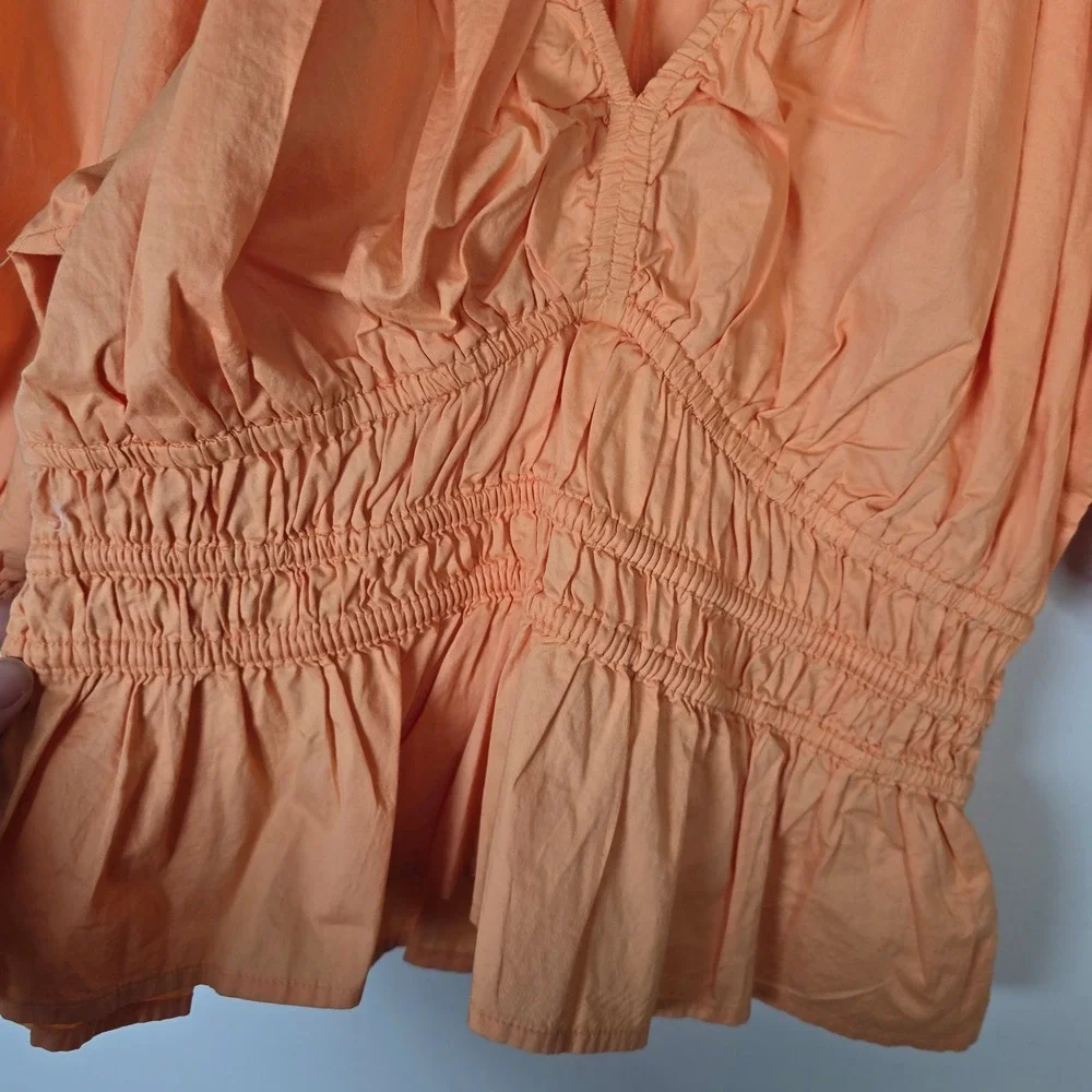 Old Navy Womens Small Peach Cotton Smocked Puff Sleeve Peplum‎ Blouse Top V-Neck